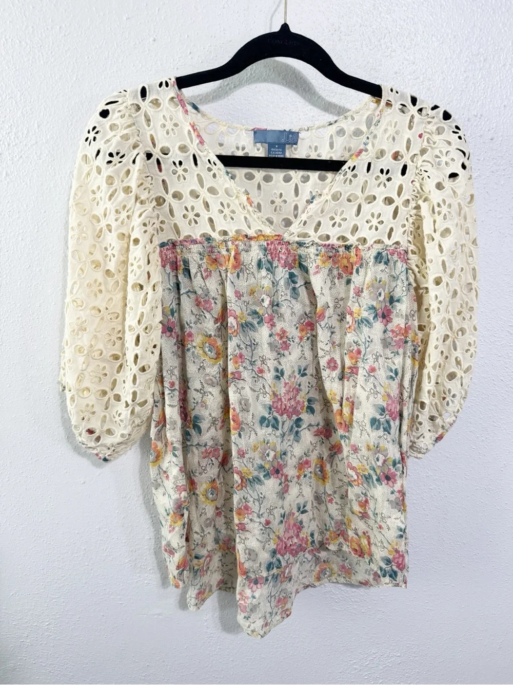 Anthropologie Cream Floral Eyelet Peasant Top small